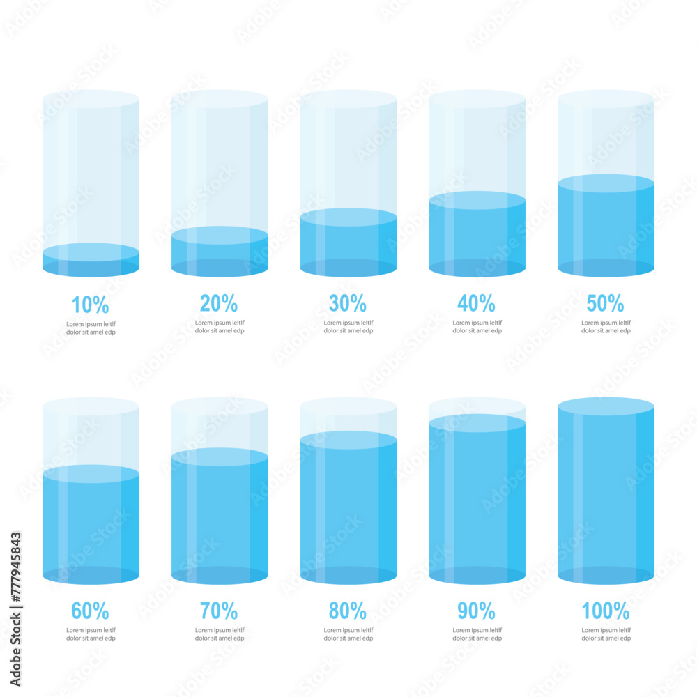 Poster simple blue round slim chart bars template, clear 10%-100% infograph layout. graphic flat design int