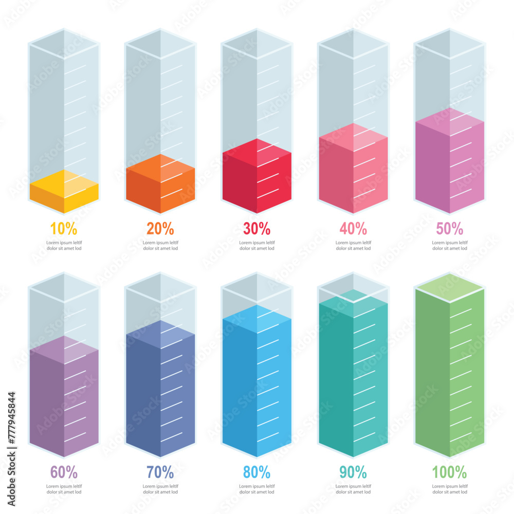 Poster colorful gradient chart bars template, 10% to 100% number text. flat design business interface illus