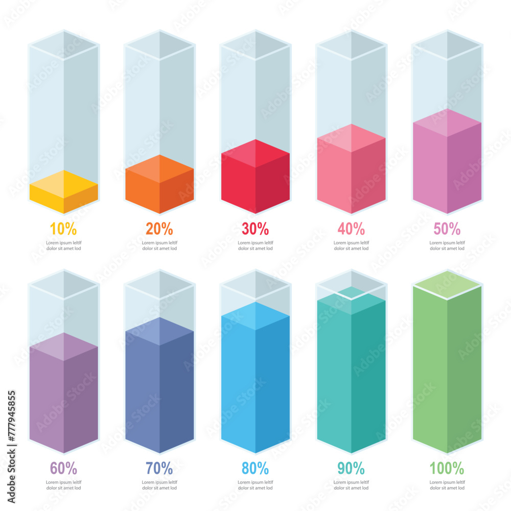 Poster colorful gradient chart bars template, 10% to 100% number text. flat design business interface illus