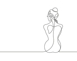 Trendy Line Art Drawing of Naked Woman Silhouette. Woman Back Abstract Minimal Black Lines Drawing. Female Silhouette for Modern Scandinavian Design. Vector Illustration.