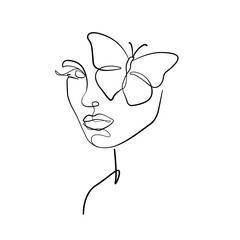 Female Face with Butterfly Continuous One Line Drawing. Butterfly on Woman Face One Line Drawing. Woman Head Minimal Contour Illustration. Vector EPS 10.	