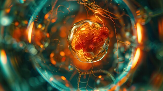 An abstract digital artwork showing a complex, glowing, orange structure that resembles a futuristic or alien technological node or core.