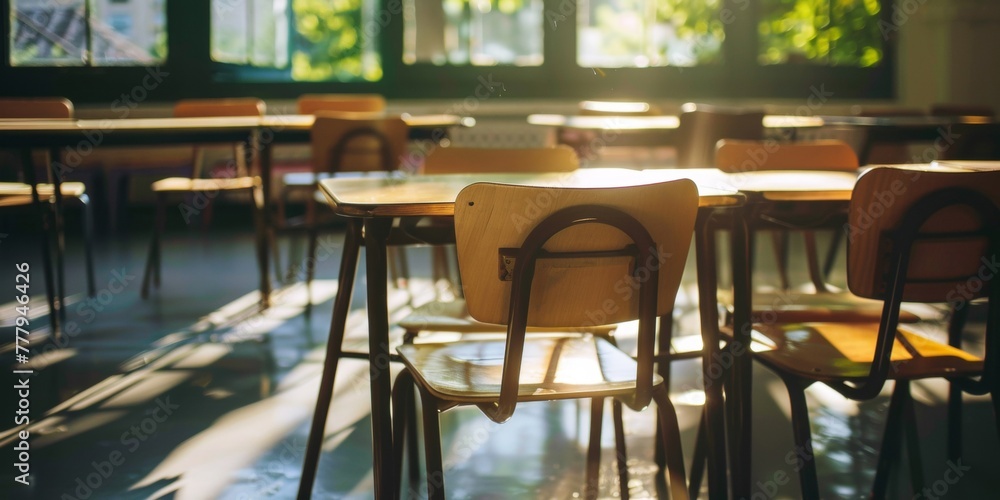 Poster empty classroom with rows of chairs placed in front of a table under sunlight