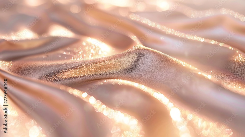 Poster a detailed close-up view of a shiny fabric with abstract golden glitter patterns creating a dazzling