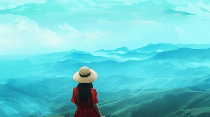 A woman wearing a red dress and hat stands on a mountain, gazing at the scenic view of the landscape