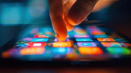 Fototapeta premium Close-up of a finger touching a brightly lit, colorful app icon on a smartphone touchscreen. Digital interaction concept.