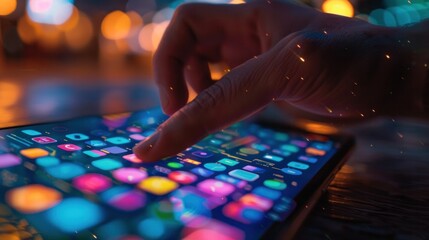 A person's hand touching a glowing, colorful digital screen with application icons, signifying modern touchscreen technology use at night.