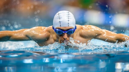 An athletic man is swimming powerfully in an indoor pool while wearing goggles