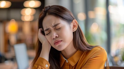 Asian young woman experiencing a headache at the workplace or office caused by work-related stress. Generative ai