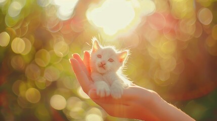 A person carefully holds a small white kitten in their hand, showing tenderness and care towards...