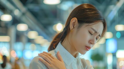 Asian young woman having physical pain on her shoulders and back as she massaged her shoulder, pain caused by work-related stress. Generative ai
