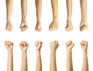 Fist. Multiple images set of female caucasian hand with french manicure showing fist gesture
