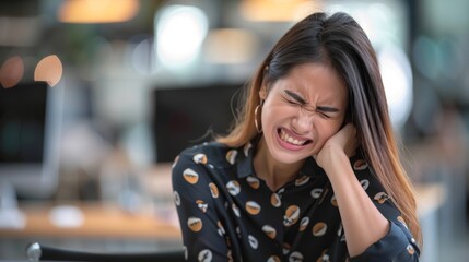 Painful facial expressions of a young woman pressing her hands against the cheek, painful toothache at work or office environment. Generative ai