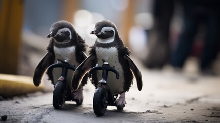 Penguins ride electric bikes - obrazy, fototapety, plakaty