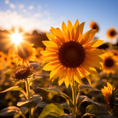 Photo of a sunflower field in the golden hour
