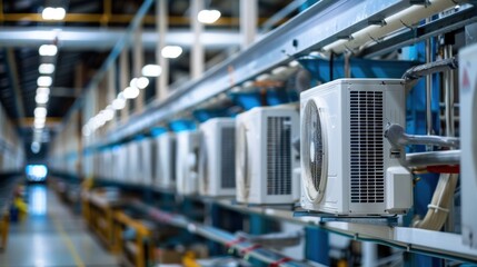 Air conditioning units mounted on a wall inside an industrial facility with metal structures and blurred background. - obrazy, fototapety, plakaty