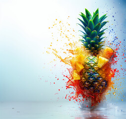 Gustosa frutta Ananas con pezzi, esplosione di colore liquido, frutta tropicale, acqua, colorato, movimento - obrazy, fototapety, plakaty