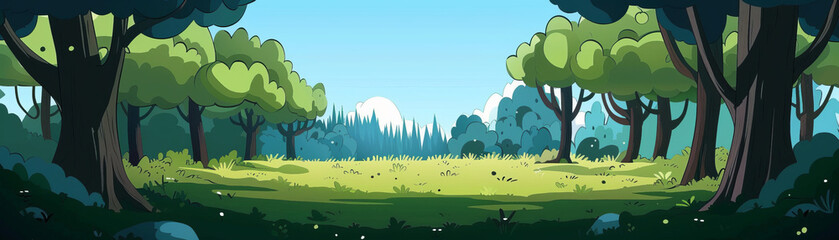 A cartoonish drawing of a forest with a grassy field in the middle
