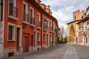 Picturesque buildings next to a medieval church in the town of Aranda de Duero, Burgos.