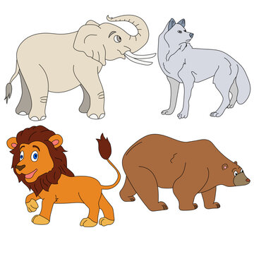 Cartoon Wild Animals Clipart Set for Lovers of Wildlife. wolf, elephant, lion, bear 