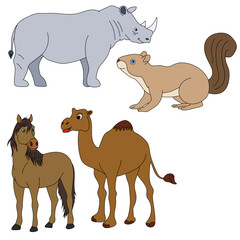 Cartoon Wild Animals Clipart Set for Lovers of Wildlife. rhino, squirrel, camel, horse