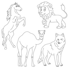 Cartoon Wild Animals Clipart Set for Lovers of Wildlife. lion, horse, camel, wolf