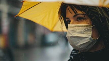 A woman with a yellow umbrella is wearing a protective face mask on the streets during the rain close-up face. Generative ai