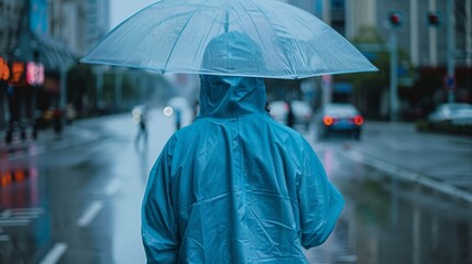 A person with a blue umbrella and a raincoat walks in the city streets in the rain backview. Generative ai