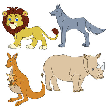 Cartoon Wild Animals Clipart Set for Lovers of Wildlife. wolf, lion, rhino, kangaroo 