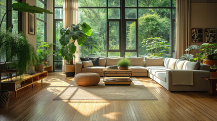 Modern Living Room with Large Windows and Lush Green View