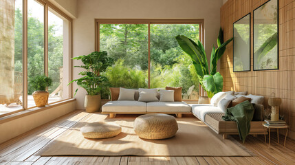 Serene Modern Living Room with Lush Greenery View and Natural Light