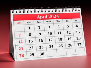 April 2024 calendar. One page of annual business desk monthly calendar