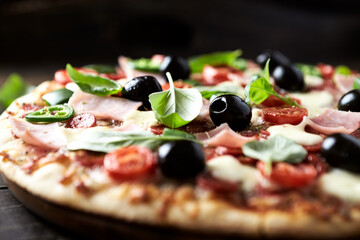 Pizza with ham, mozzarella cheese, cherry tomatoes, green and jalapeno pepper, black olives and...
