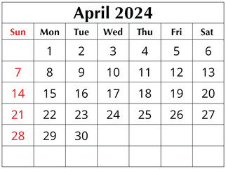 April 2024 ENGLISH month calendar. png transparent printable illustration. Monthly