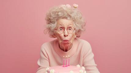 Crazy old lady blowing out candles on a cake celebrating her birthday. Funny birthday card with free space for text.