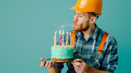 Construction engineer in helmet blowing out candles on cake celebrating birthday on blue background. Happy construction engineer happy birthday card, happy birthday.