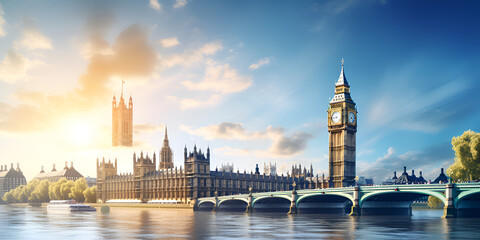 Illustration of the Big Ben clock tower and Houses of Parliament along the River Thames in London
 - obrazy, fototapety, plakaty