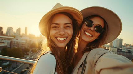 Two women in hats taking a selfie in urban setting during golden hour.