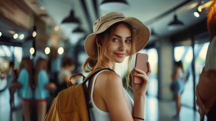 Young woman with hat holding smartphone, backpack, in a busy terminal, travel theme.