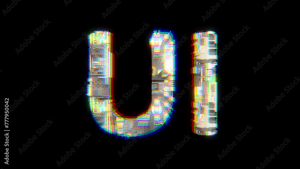 Aufkleber glitch and chromatic aberrance cybernetical text ui on black, isolated - object 3d illustration