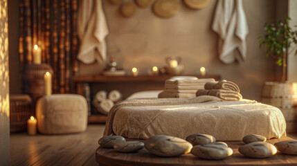massage table with stones, in a spa room background with candles