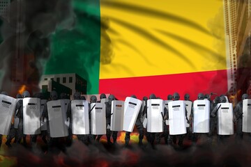 Benin protest fighting concept, police squad on city street are protecting state against riot - military 3D Illustration on flag background