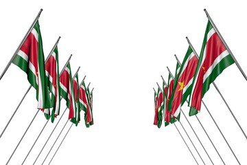 nice holiday flag 3d illustration. - many Suriname flags hangs on in corner poles from left and right sides isolated on white