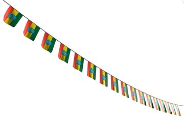 cute many Ethiopia flags or banners hangs diagonal on rope isolated on white - any holiday flag 3d illustration..