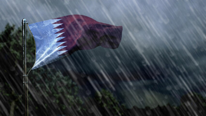 flag of Qatar with rain and dark clouds, hurricane forecast symbol - nature 3D illustration