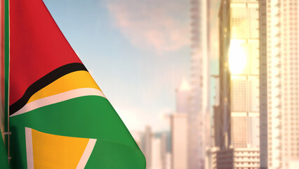 flag of Guyana on city skyscrapers buildings vanilla sundown bg for any holiday - abstract 3D illustration