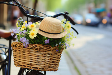 Female is riding bike with basket of pink chrysanth Bicycle basket with flowers and hat