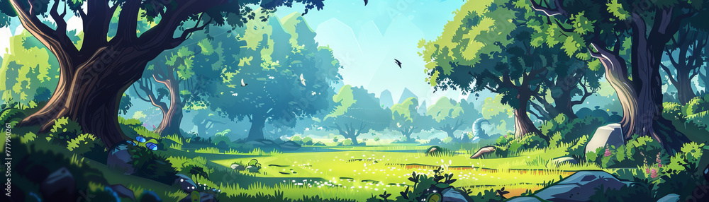 Poster a lush green forest with a large open field in the middle