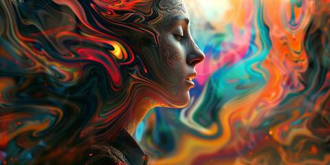 Artistic Profile of Woman Blending into Psychedelic Abstract Background, Projector Abstract Concept