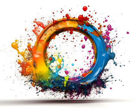 Abstract colorful splashes background. Paint splatters adorn a circular rainbow splash of ink.